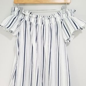 Off-Shoulder Ruched Striped Cotton Dress.      4